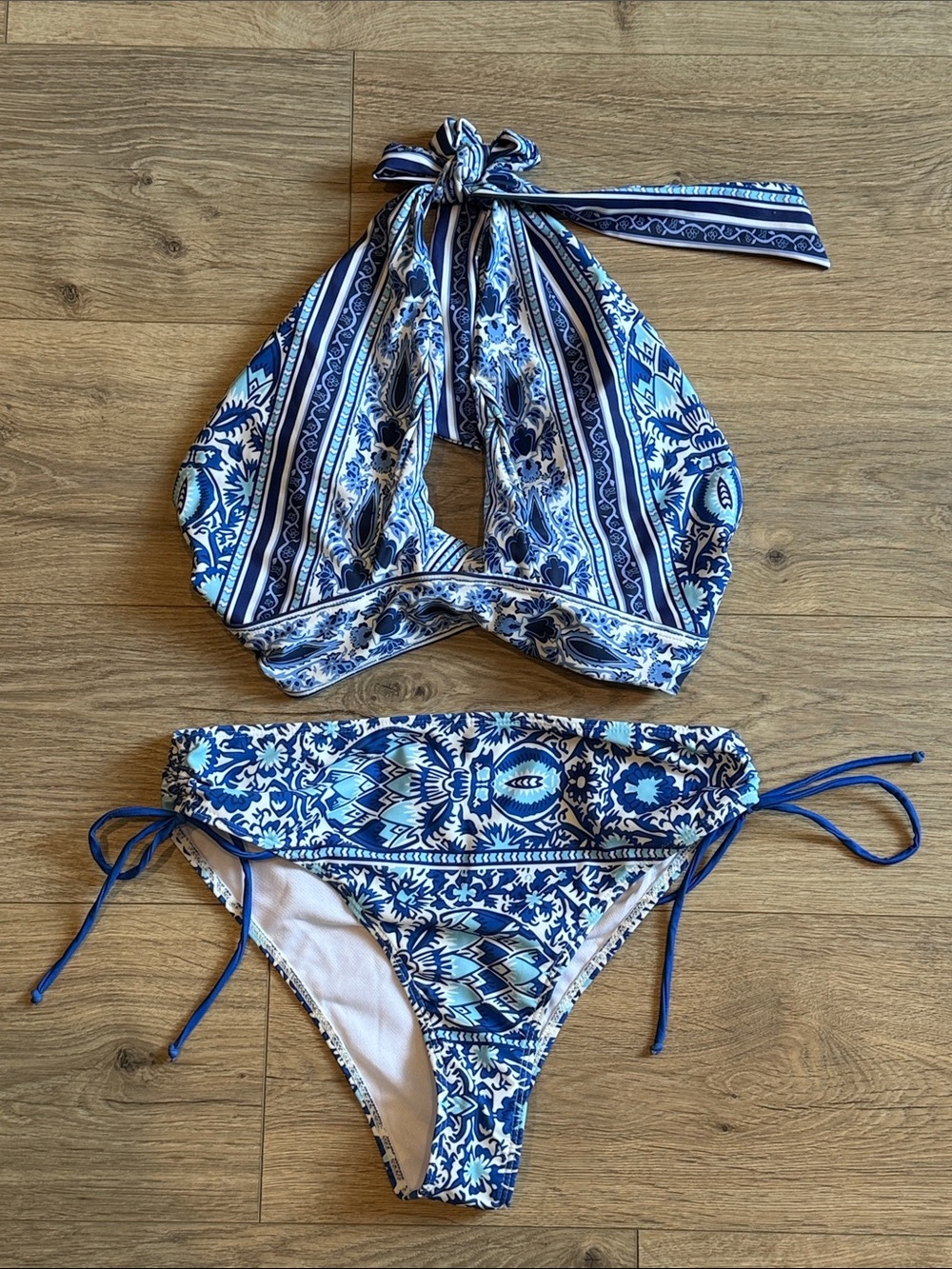 Blue Boho Mosaic High-Waist Halter Bikini Large Modest